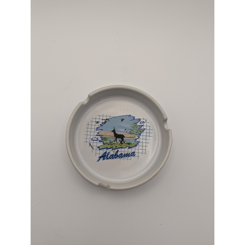 Vtg 4" White Ceramic Alabama Ashtray 3 Slots Deer Geese Scenery Souvenir Tray